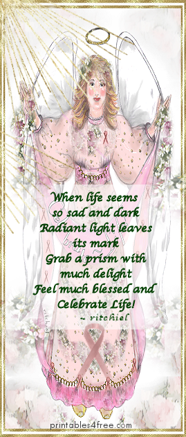 pink ribbon printable bookmark - poem says; celebrate life!