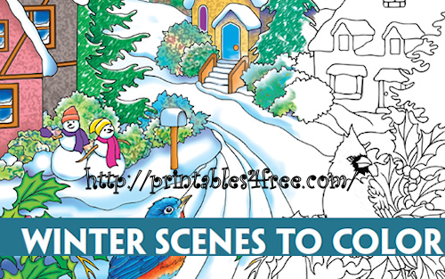 winter snowy scenes  colouring pages